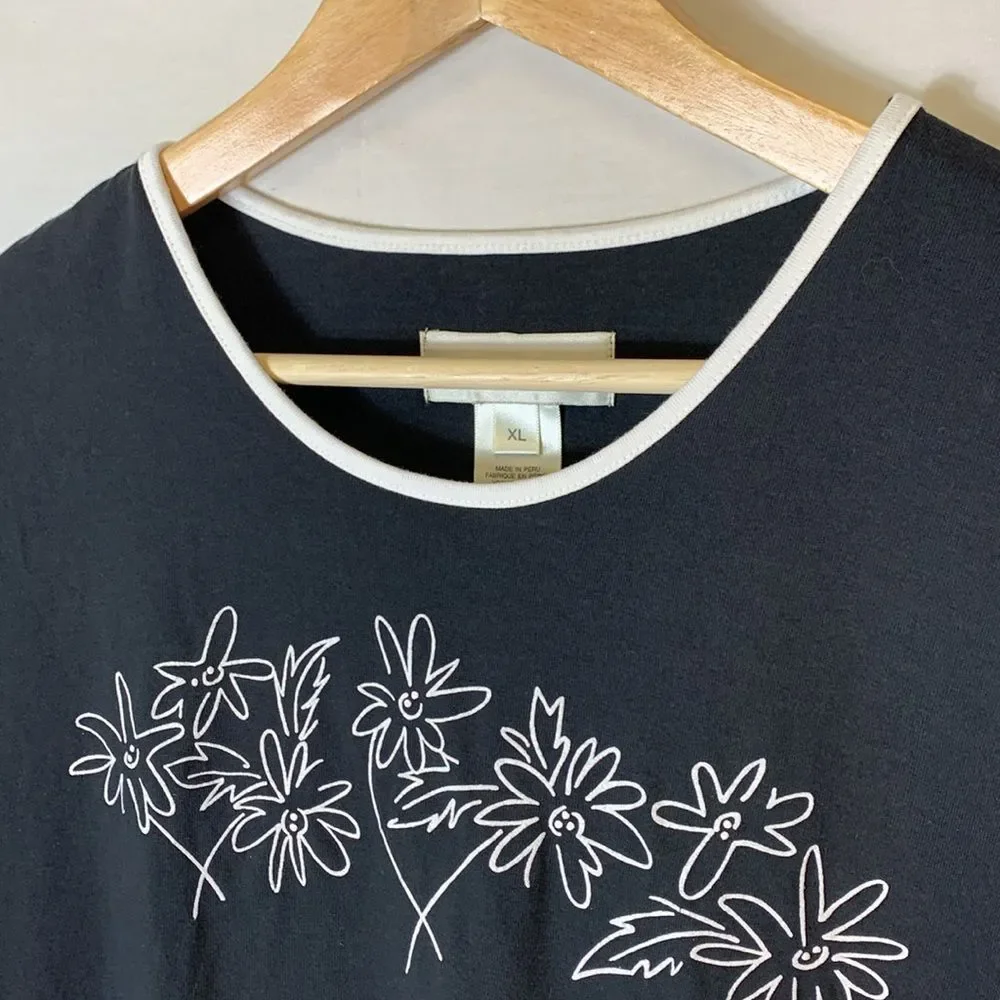 Susan Bristol Black Cotton White Floral Detail Scoop Neck SS T-Shirt Size XL